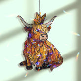 Highland Cow Acrylic Suncatcher with Butterfly, Stained Glass Style Cute Calf Window Hanging, Rustic Farmhouse Animal Decor Gift